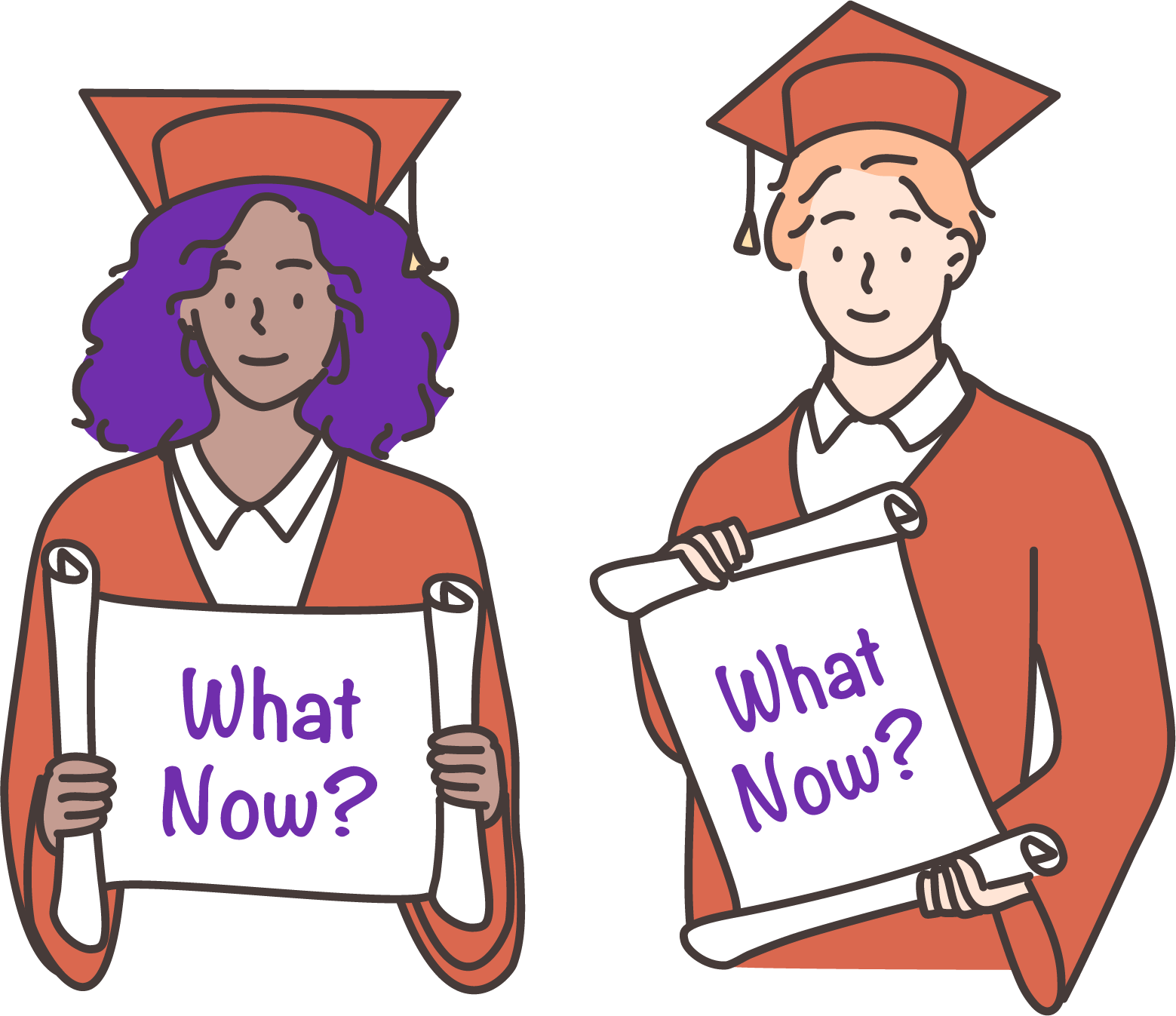 What Now Together Male and Female Students Wearing Graduation Caps and Gowns Holding Signs that Read What Now